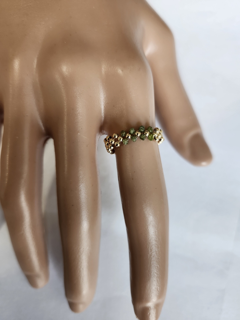 14k Gold & Green Diamond Beaded Needlepoint Ring